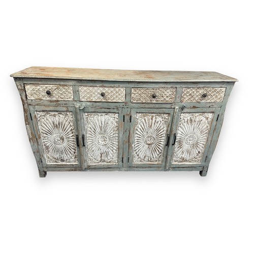 465 - Large whitewash contemporary unburst mango wood sideboard. Four drawers, four cupboards, carved. Hig... 