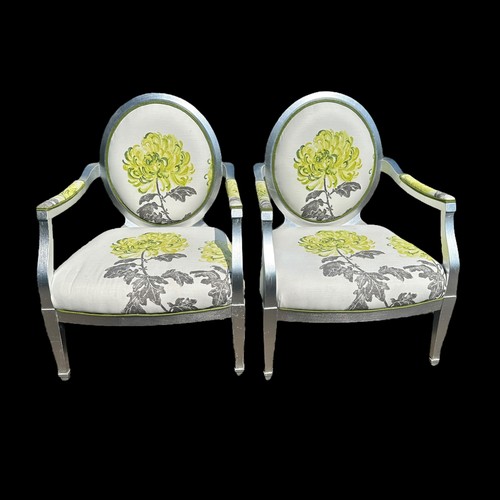 466 - Donghia Grand Soleil pair of chairs, silver finish with floral upholstery. Without labels, high orig... 