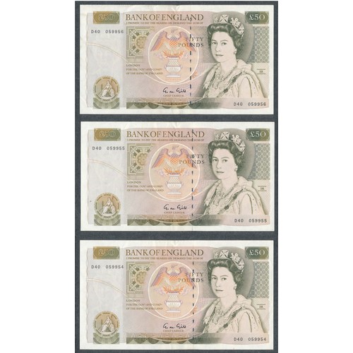 383 - Gill 1988 (21 July) £50 D40 059954, 059955 and 059956 consecutive set of 3, nearly extremely fine to... 