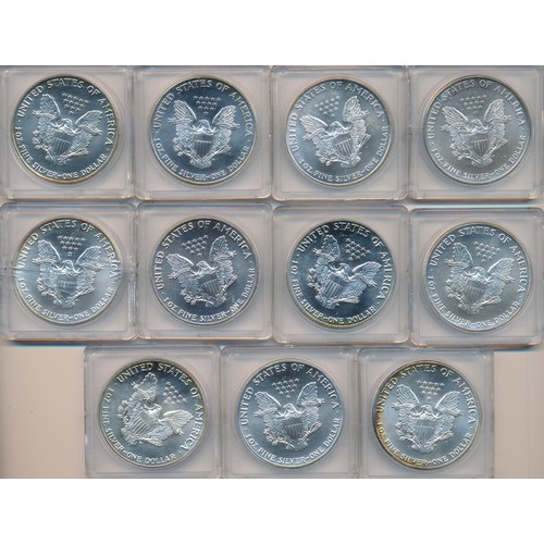 372 - USA - range of uncirculated silver dollars in hard plastic cases with 1986 to 1996. Qty 11