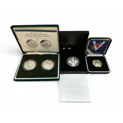 331 - Range of boxed silver proof FDC coins (4), with GB £5 2014 Prince George First Birthday, £2 2005 WWI... 