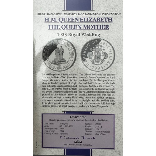 324 - 1994 Queen Mother encapsulated silver proofs FDC (7), with Barbados $1, New Zealand $5, Fiji $5, Sey... 