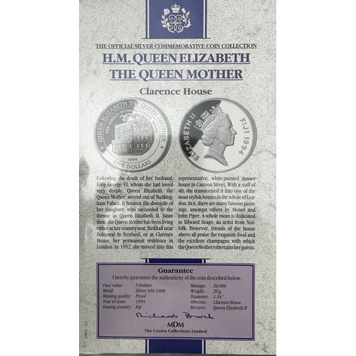 324 - 1994 Queen Mother encapsulated silver proofs FDC (7), with Barbados $1, New Zealand $5, Fiji $5, Sey... 