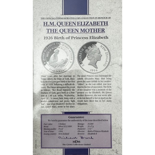 324 - 1994 Queen Mother encapsulated silver proofs FDC (7), with Barbados $1, New Zealand $5, Fiji $5, Sey... 