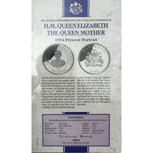 324 - 1994 Queen Mother encapsulated silver proofs FDC (7), with Barbados $1, New Zealand $5, Fiji $5, Sey... 