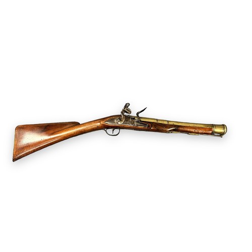 101 - 18th century brass barrelled flintlock blunderbuss by Hadley, circa 1750-1789, 13inch cannon barrel,... 