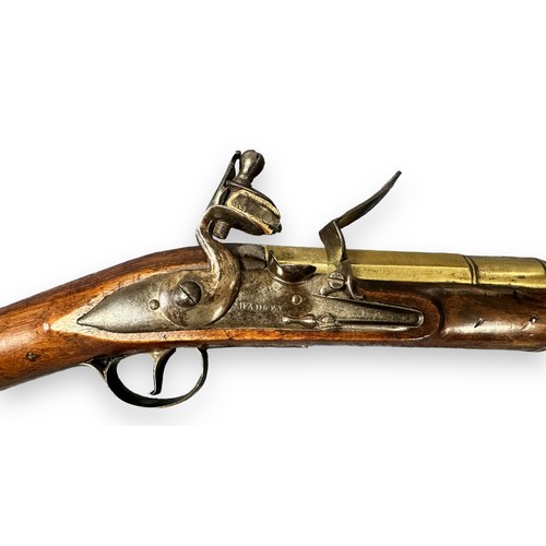 101 - 18th century brass barrelled flintlock blunderbuss by Hadley, circa 1750-1789, 13inch cannon barrel,... 