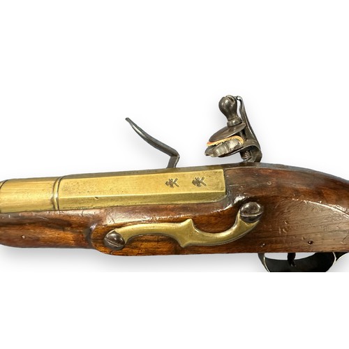 101 - 18th century brass barrelled flintlock blunderbuss by Hadley, circa 1750-1789, 13inch cannon barrel,... 