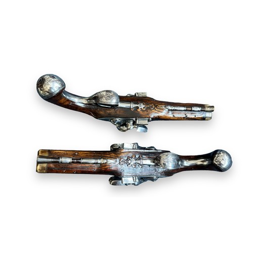 100 - 18th century pair of double-barrelled flintlock carriage pistols by M’ory of Liege (Belgian). Marked... 