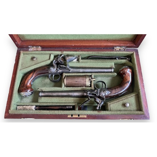 99 - 18th century cased pair of Queen Anne Cannon Barrell flintlock pistols by Griffin, Bond Street, Lond... 