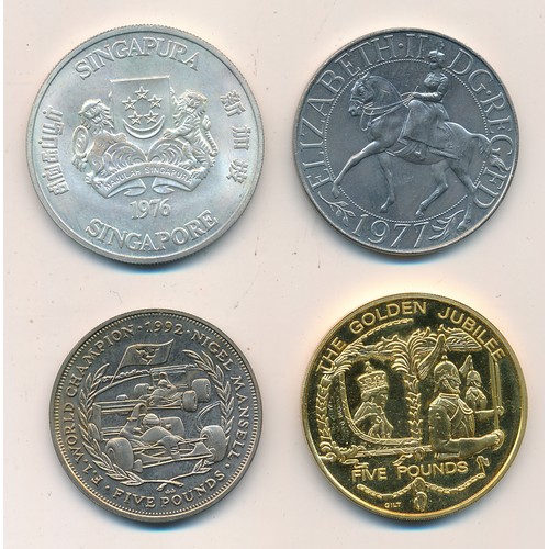 336 - Range of World coins (4) with Singapore 1976 $10, Isle of Man 1993 £5, Guernsey £5 2002 and a GB com... 