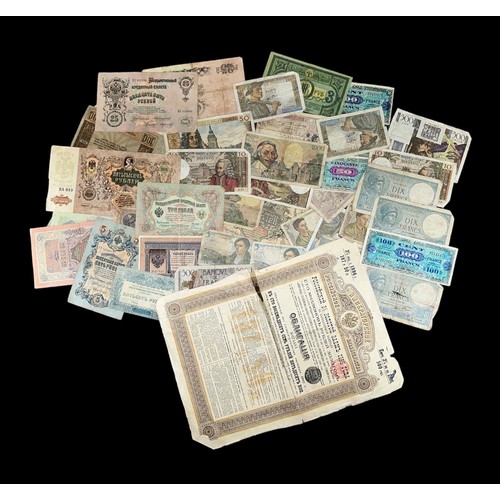 393 - Collection of banknotes (45+), mainly France (29) and Russia (16), also share certificate.