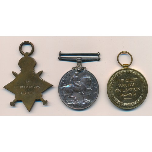 8 - First World War – Cyril Salway – 1914-15 Star Trio awarded to 971 PTE C. SALWAY R. IR. REGT. In boxe... 