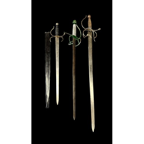 86 - Three Colada Swords, with sweeping hilts. One green handled, one silver handled and one sword with b... 