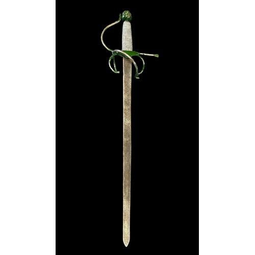 86 - Three Colada Swords, with sweeping hilts. One green handled, one silver handled and one sword with b... 