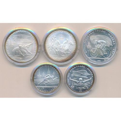 368 - Russia 1980 Summer Olympics, Moscow silver commemorative coins (5), with 10 roubles (3) and 5 rouble... 