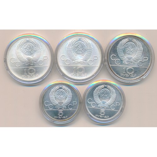 368 - Russia 1980 Summer Olympics, Moscow silver commemorative coins (5), with 10 roubles (3) and 5 rouble... 