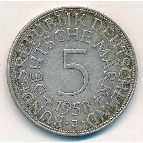 362 - Germany 1958J Federal Republic 5 mark, very fine.