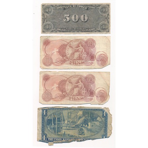 394 - World banknotes range (4) in mixed condition with The Union Bank of Scotland £1 etc.