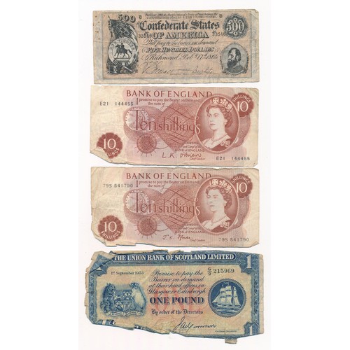 394 - World banknotes range (4) in mixed condition with The Union Bank of Scotland £1 etc.