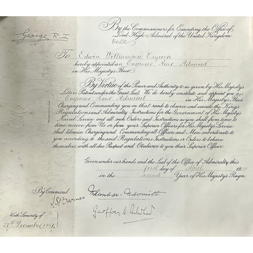 120 - Second World War Commission Document to Edwin Williamson for his appointment Engineer Rear Admiral, ... 