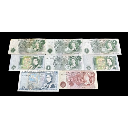 390 - Banknotes - small GB range in mixed condition with £5 Gill SE37, ranges of £1 notes etc. Qty 8