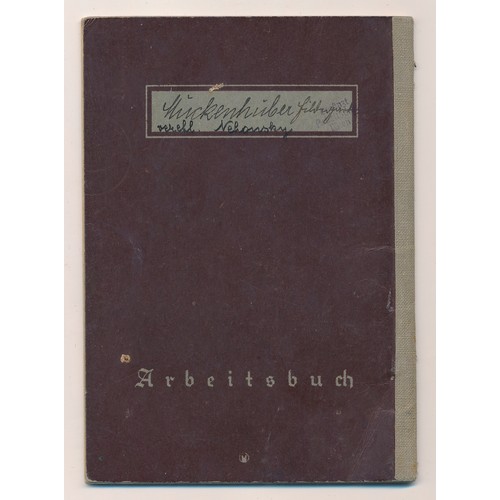 122 - German Third Reich Arbeitsbuch employment record book, filled with information.