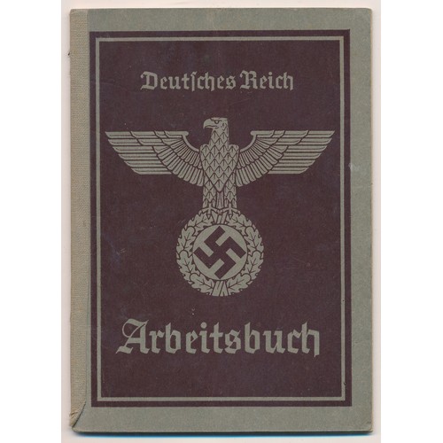 122 - German Third Reich Arbeitsbuch employment record book, filled with information.