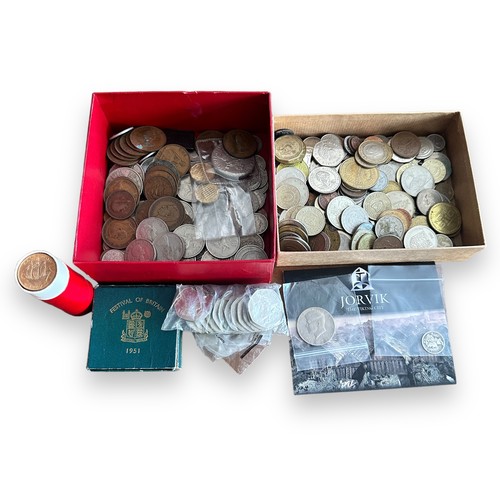 335 - World coin collection in 2 boxes, with boxed 1951 Festival of Britain crown and World circulated ran... 