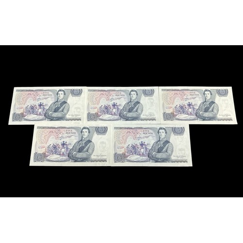 385 - Page 1973 £5 AZ04 consecutive run of 5 banknotes, AZ04 723963 to AZ04 723967, ef to uncirculated. Qt... 