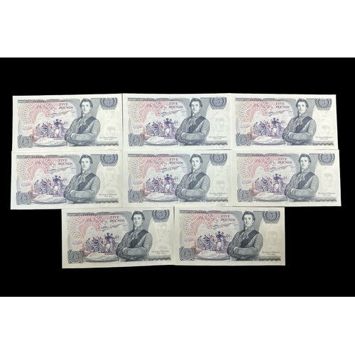 384 - Page 1973 £5 BN58 consecutive run of 8 banknotes, BN48 759077 to BN48 759084, all about uncirculated... 