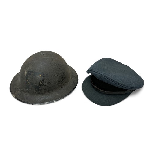 113 - Second World War Civil Defence Steel Brodie helmet, with internals and strap. Also an R.A.F visor by... 