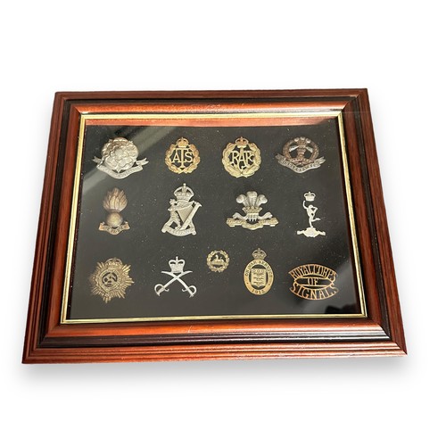 58 - Cap Badges, collection of cap badges in six display frames, to include; Lancashire Hussars, Royal Co... 