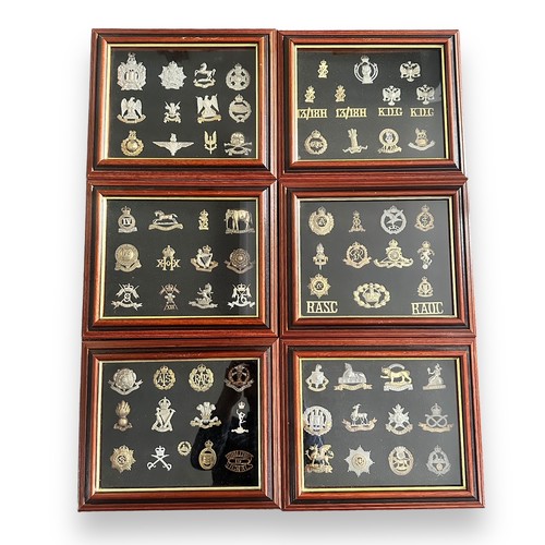 58 - Cap Badges, collection of cap badges in six display frames, to include; Lancashire Hussars, Royal Co... 