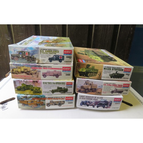 110 - Academy 1/72nd military vehicle unmade kits, range of WW2 Allies and Axis, generally excellent in go... 