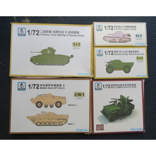 113 - S-Model 1/72nd scale military unmade kits, with Daimler Dingo No. PS720052, Willys MB&37mm AT gun No... 