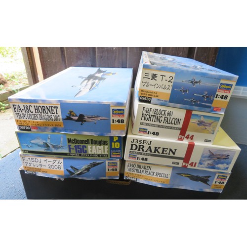 120 - Hasegawa 1/48th scale aircraft unmade kits, with J350 Draken Austrian Black Special No. 09888, J35F/... 