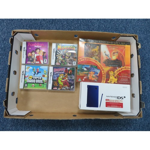 14 - Nintendo DS System metallic blue with stylus and instructions, etc., games including Super Mario Bro... 