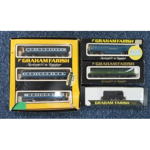 18 - Graham Farish locomotives, generally excellent in good or better boxes, with BR blue/grey 3-car DMU ... 