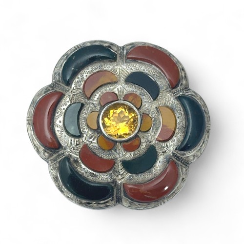 8 - A Scottish agate and citrine silver brooch. Citrine approx 11mm in diameter, brooch width 55mm. Hall... 