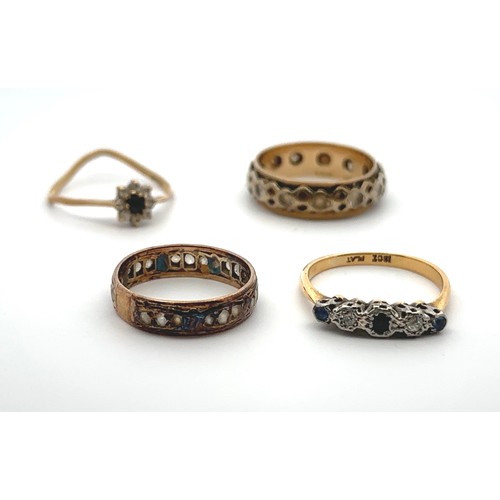 37 - Four gold and gem set rings. A white stone ring hallmarked 9ct, a sapphire and diamond ring stamped ... 