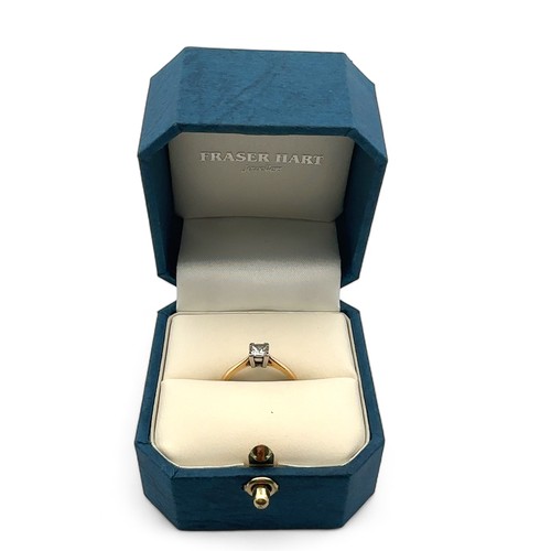 74 - An 18ct yellow gold princess cut single stone ring, size L. Diamond approx 0.36ct. Clarity estimated... 