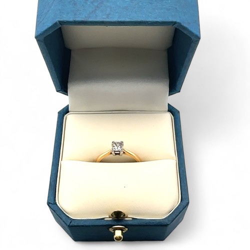 74 - An 18ct yellow gold princess cut single stone ring, size L. Diamond approx 0.36ct. Clarity estimated... 