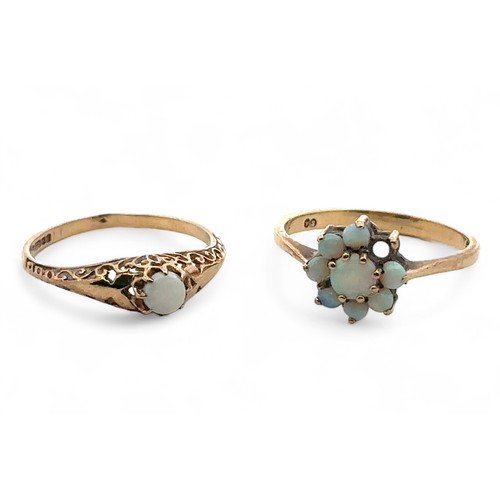 59 - Two 9ct gold and opal rings, an opal cluster ring missing an opal size P/Q, and a single stone opal ... 