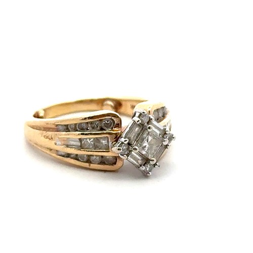 56 - Diamond cluster ring with central princess cut diamond of approx 0.2ct surrounded by 4 baguette and ... 