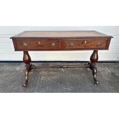 468 - Victorian Mahogany Writing Table. Inlaid tool leathered inset. With barley twist edging. Two drawers... 