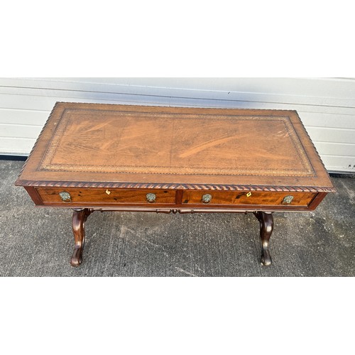 468 - Victorian Mahogany Writing Table. Inlaid tool leathered inset. With barley twist edging. Two drawers... 