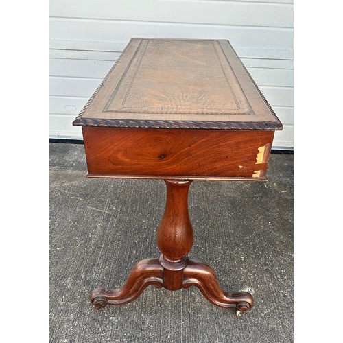 468 - Victorian Mahogany Writing Table. Inlaid tool leathered inset. With barley twist edging. Two drawers... 