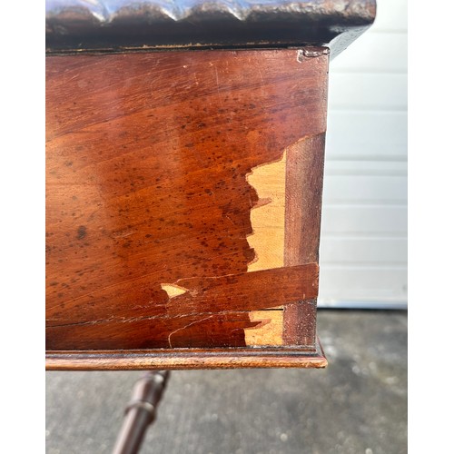 468 - Victorian Mahogany Writing Table. Inlaid tool leathered inset. With barley twist edging. Two drawers... 