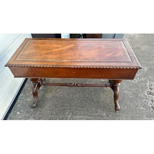 468 - Victorian Mahogany Writing Table. Inlaid tool leathered inset. With barley twist edging. Two drawers... 